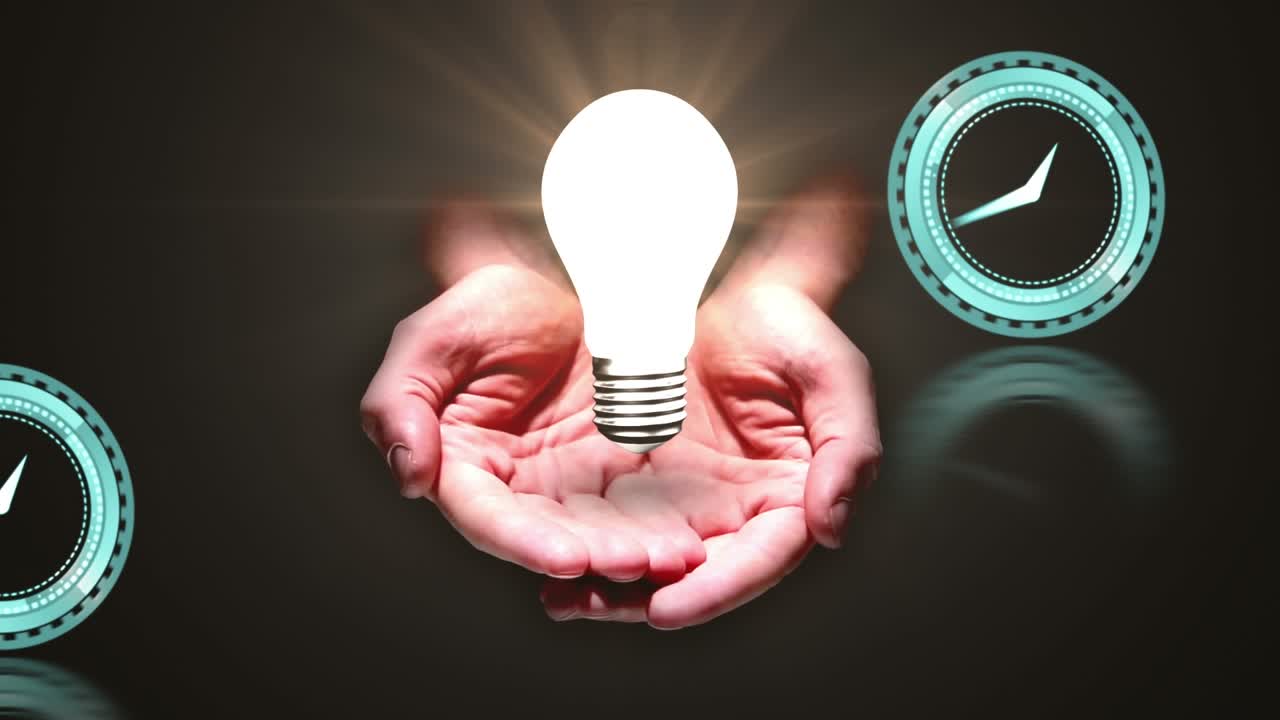 Animation of clock moving over lightbulb and hands