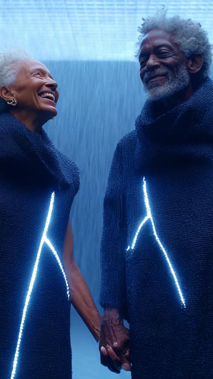 A Joyful Connection: Two Individuals Embrace the Atmosphere with Illuminated Outfits in a Serene Setting, Sharing a Moment of Happiness and Togetherness