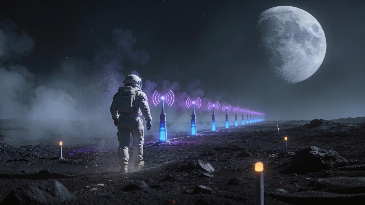 Gående astronaut i rumdragt reagerer på blå fyrtårnssignaler på en måneslette og efterlader fodspor.