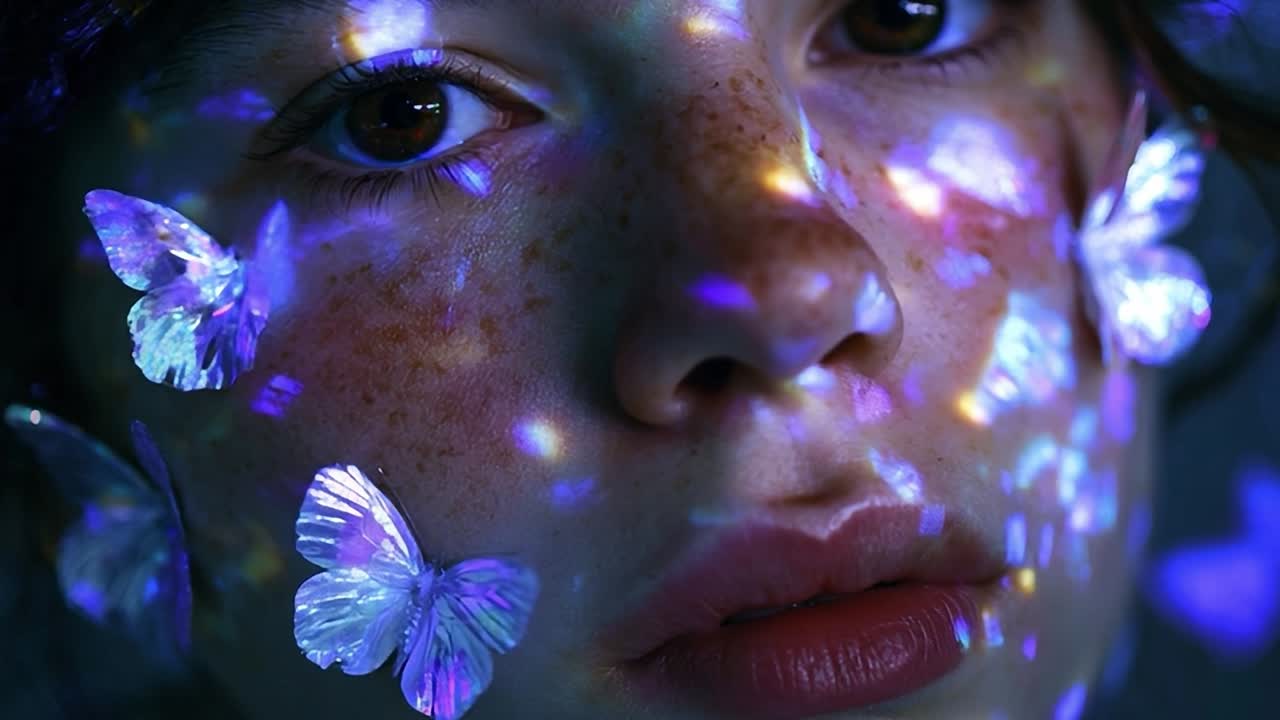 Primo piano di una giovane ragazza con luci colorate e farfalle sul viso