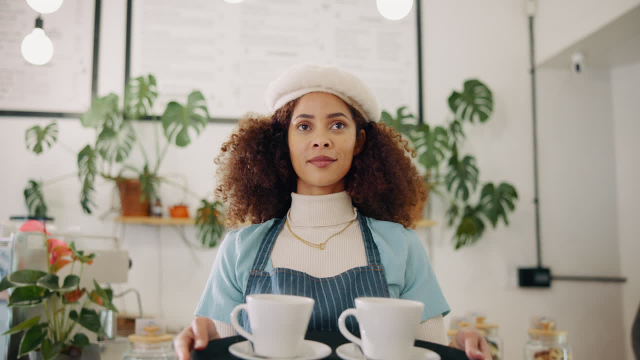 Waitress in a cafe with a tray of coffee