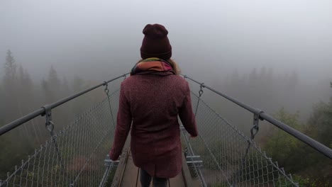 a young woman crossing a bridge above a small, foggy valley