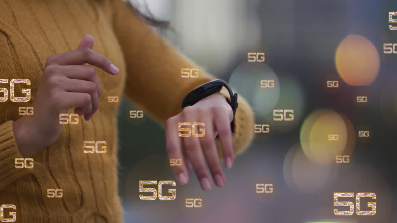 Animation of multiple 5g text banners against mid section of a woman using smartwatch outdoors