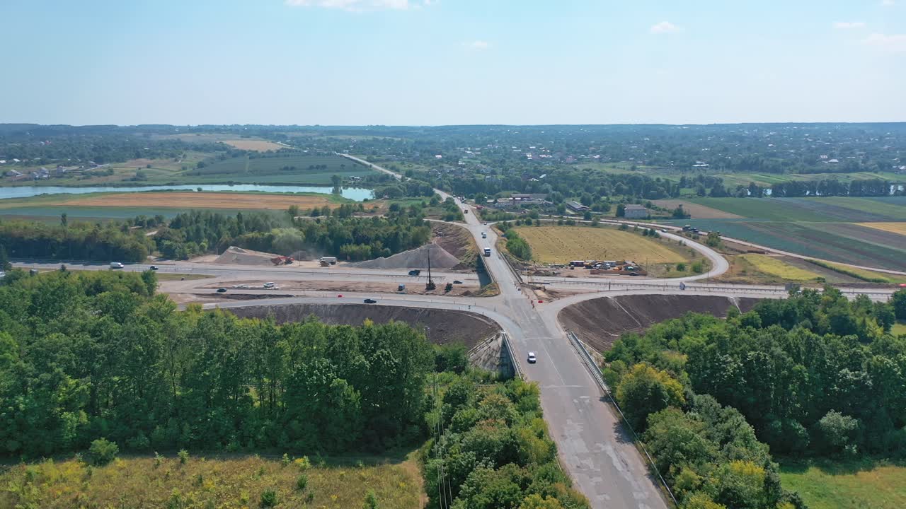 Aerial view interchange of highway. Expressway transport traffic road with vehicle movement