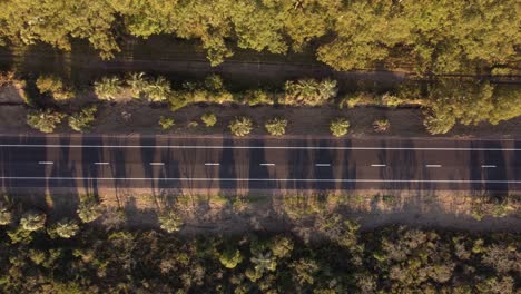 Luftaufnahme-Von-Oben-Nach-Unten-über-Ein-Isoliertes-Graues-Auto,-Das-Entlang-Einer-Geraden-Ländlichen-Landstraße-Von-Uruguay-Fährt,-Umgeben-Von-Vegetation