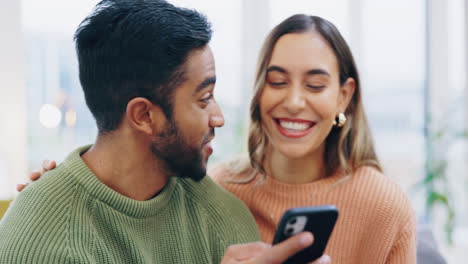 happy couple, phone and credit card excited