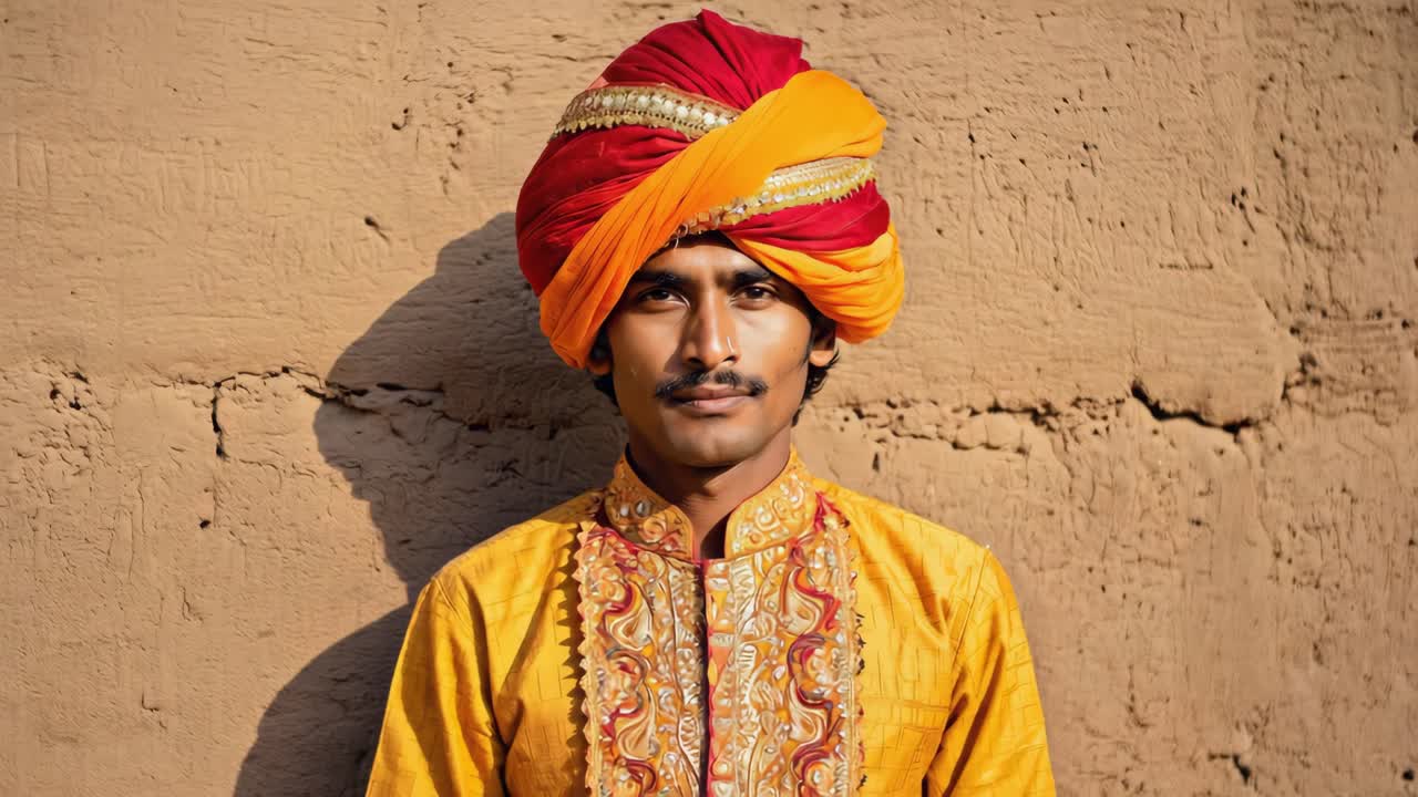 Portrait of an indian man wearing a colorful turban and traditional clothing, standing near a textured wall and showcasing the rich cultural heritage of India