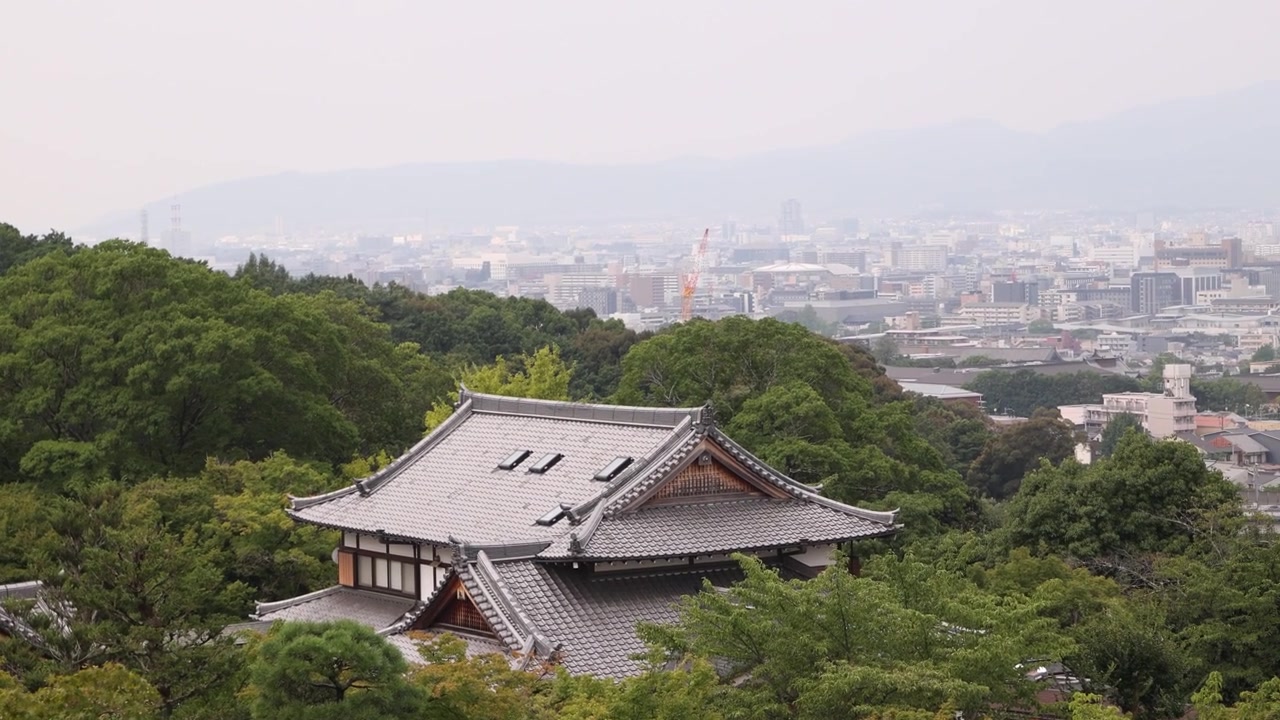 Il Tempio Kiyomizu-dera si erge tra fitte colline verdi sopra Kyoto, con tetti tradizionali, pendii boscosi e la città distante che si dispiega attraverso lo storico paesaggio di Higashiyama