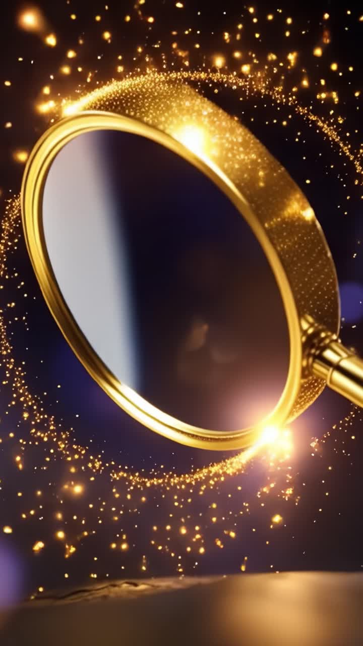 Lente d'ingrandimento accattivante con scintillii luccicanti su uno sfondo abbagliante, che crea un'atmosfera magica di mistero e scoperta.