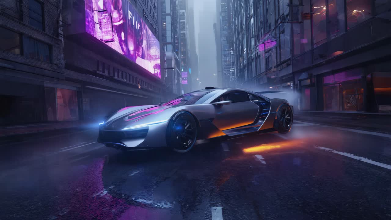 Sleek Futuristic Car on a Wet Cyberpunk City Street at Night