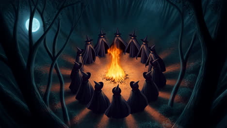 a coven of witches gathering around a bonfire in a dark forest