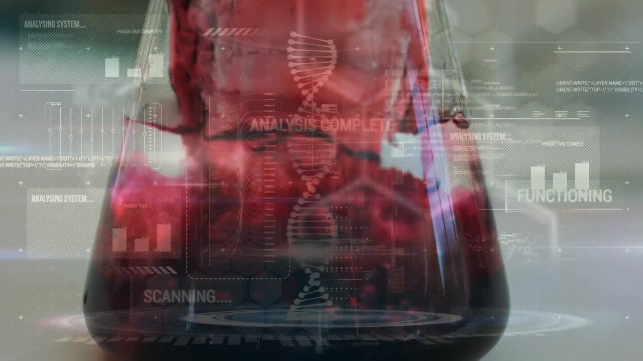 animación de cadena de adn y procesamiento de datos sobre científico caucásico en el laboratorio