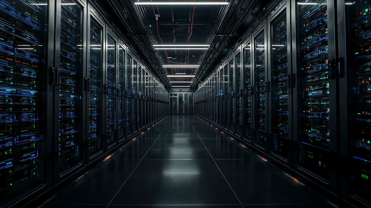 Gliding camera through main datacenter aisle showing server racks and blinking LEDs to show status