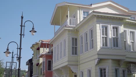 traditional wooden houses in a sunny town