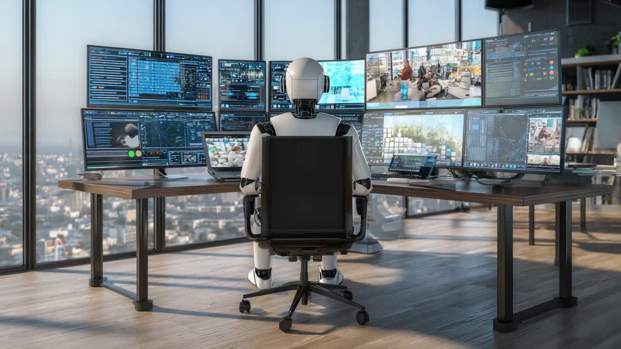 Futuristic Robot Operates Advanced Control Center with Multiple Screens Showcasing Data Analysis and Monitoring in a Sleek Urban Environment