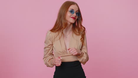 businesswoman girl listening music and dancing disco fooling around having fun relaxing on party