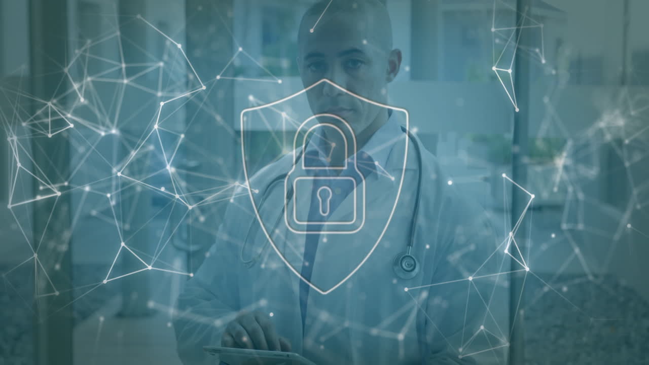 Using tablet with digital security lock animation, doctor in hospital setting