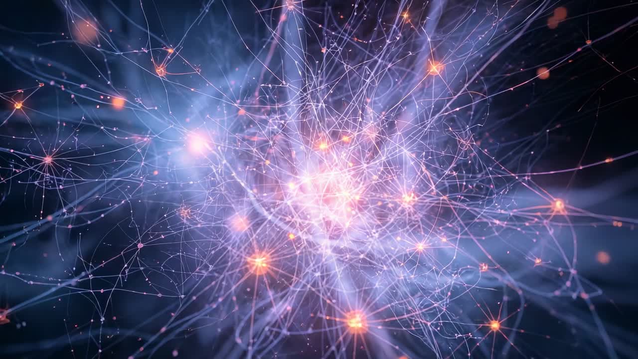 Telecamera in avanzamento che mostra una fitta rete reagire a un'ondata centrale e allineare perle lungo i filamenti.