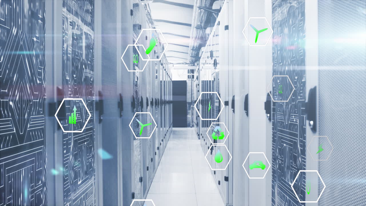 animación de múltiples iconos sobre el patrón de la placa de circuitos en los racks de servidores en la sala de servidores