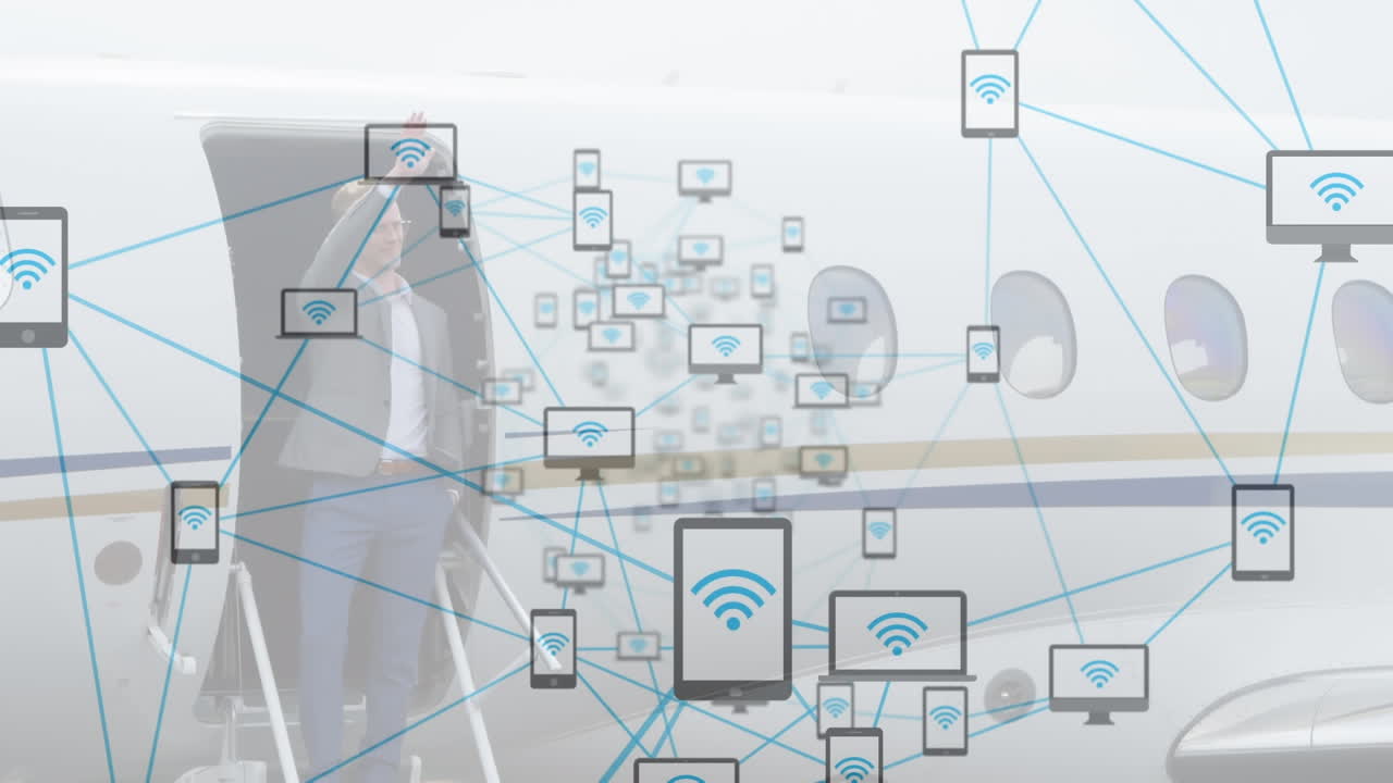 Animation of network of digital icons over caucasian businessman waving standing on a plane