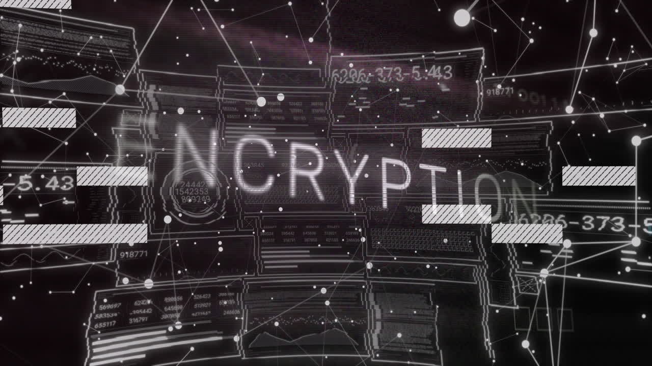 그래프 위에 연결된 점, 변하는 숫자 및 로딩 서클을 가진 암호 텍스트의 애니메이션