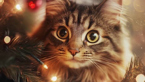 curious tabby kitten exploring festive christmas tree, sniffing ornaments and playfully investigating sparkling fairy lights with wide eyed wonder and feline charm