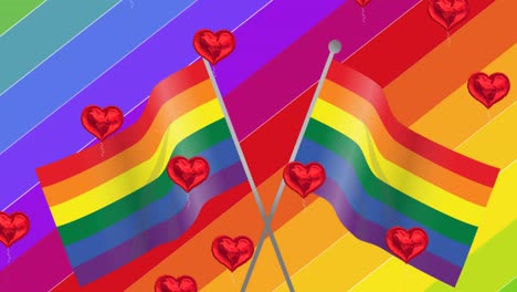 animación de corazones cayendo sobre arco iris y banderas