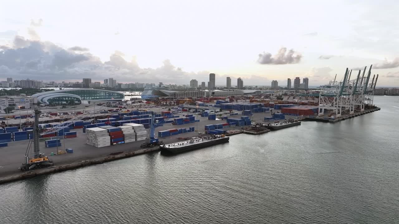 Aerial View of Miami Port and City Skyline