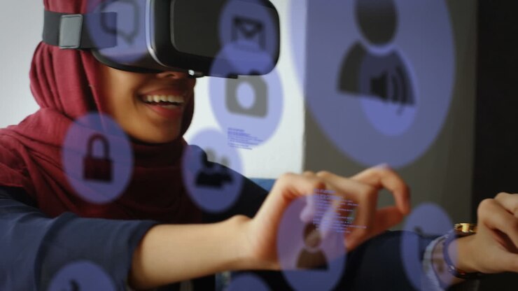 Animation of social media icons and data processing over biracial woman wearing vr headset
