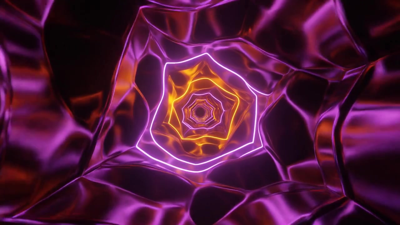 Abstract Tunnel With Glowing Orange and Purple Neon Light Rings