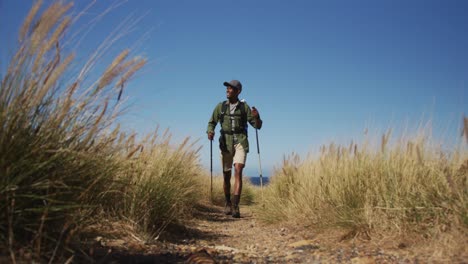 Hombre-Afroamericano-Caminando-Con-Bastones-De-Senderismo-En-El-Campo-Junto-A-La-Costa