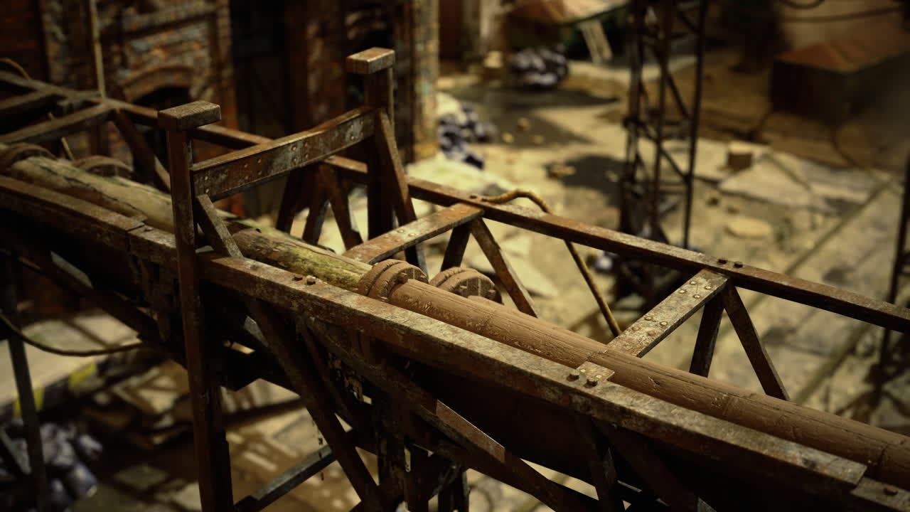Rusty industrial structures inside an abandoned manufacturing facility