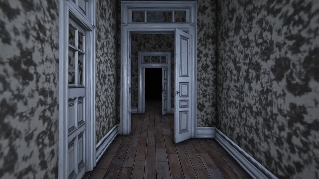 Dark corridor with peeling wallpaper and wooden floor, showcasing the gradual opening of doors, creating an eerie atmosphere of suspense and intrigue