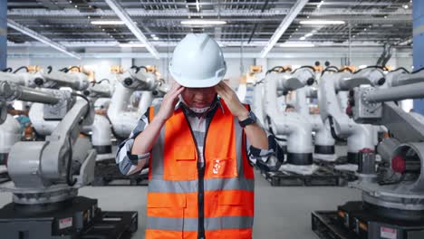 Stressed Factory Worker with Industrial Robots