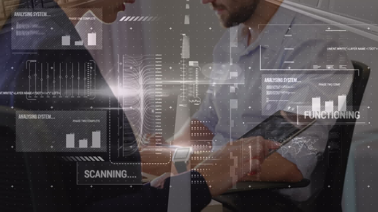 animación del procesamiento de datos financieros sobre una mujer caucásica usando una tableta