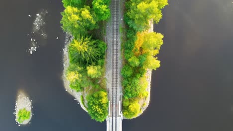 looking directly down below the camera where the railroad tracks run in front of the wide blue river