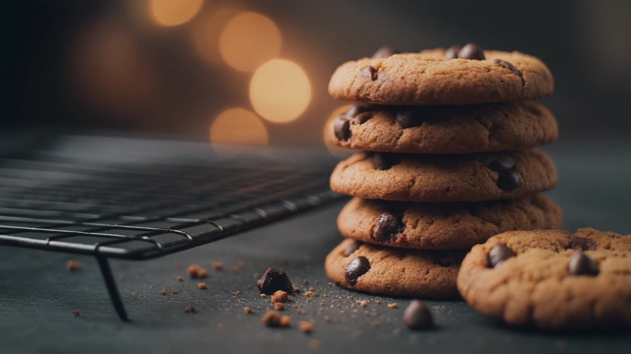 Stabel med nybakte chocolate chip-cookies på en avkjølingsrist
