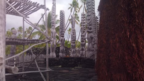 gimbal wide shot of tiki states at pu'uhonua o honaunau national historical park on the island of hawai'i