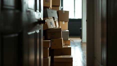 stack of cardboard moving boxes in a room