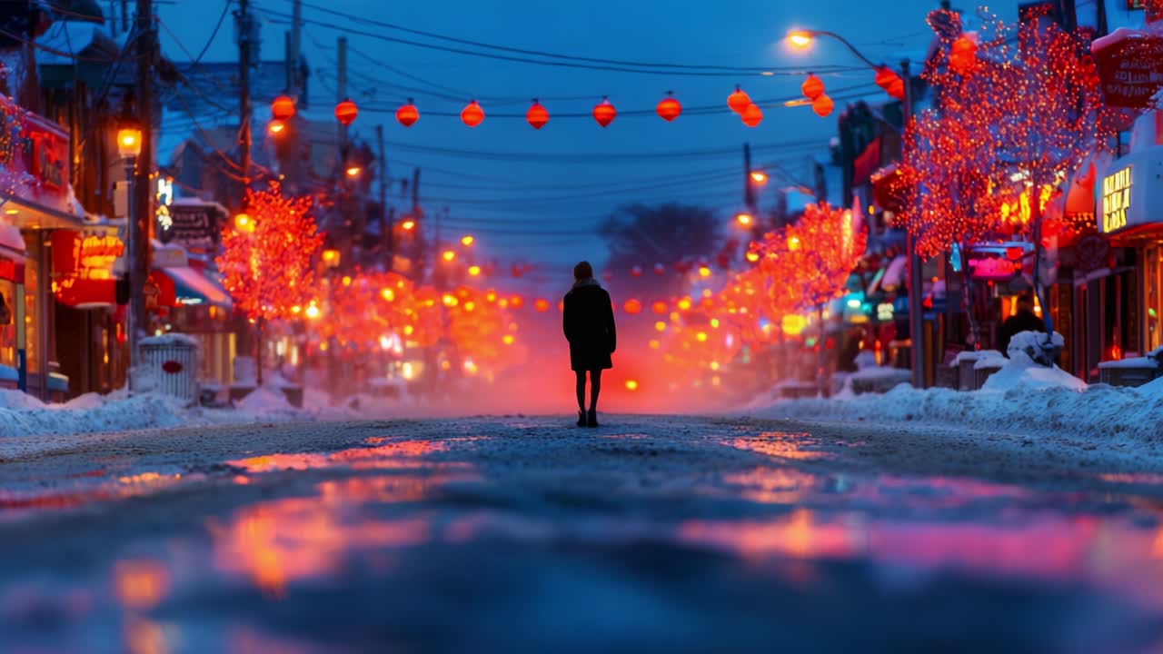A solitary figure walks down a snow-covered street adorned with glowing lanterns and festive lights on a chilly evening, capturing the enchanting beauty of winter in a bustling neighborhood