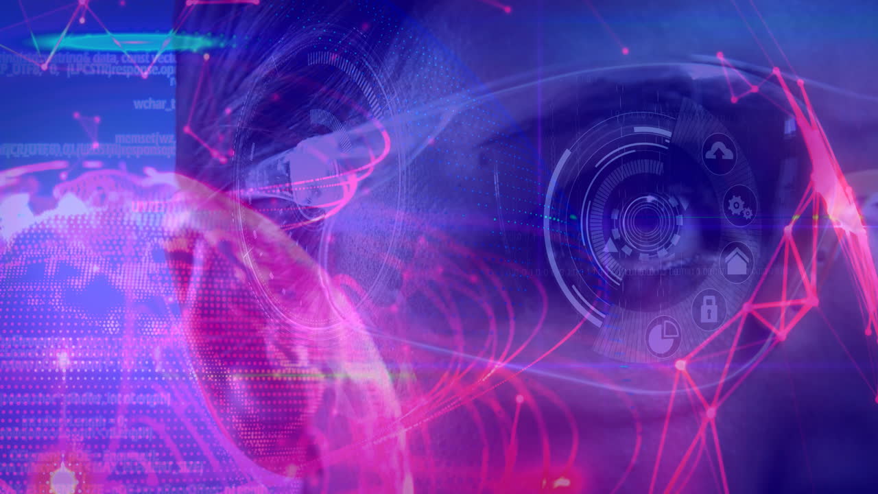 composición científica mujer con gafas virtuales e ilustración abstracta coloreada en pi