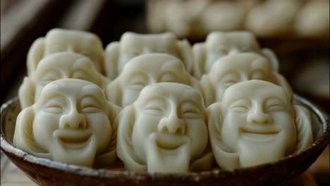 several bars of handmade soap carved into the shape of smiling buddha heads, displayed in a wooden bowl, offer a touch of serenity and tranquility