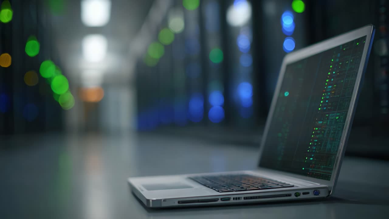 A Laptop Displaying Complex Data Patterns in a Modern Server Room with Colorful LED Lights Illuminating the Background as Technology Advances to New Horizons