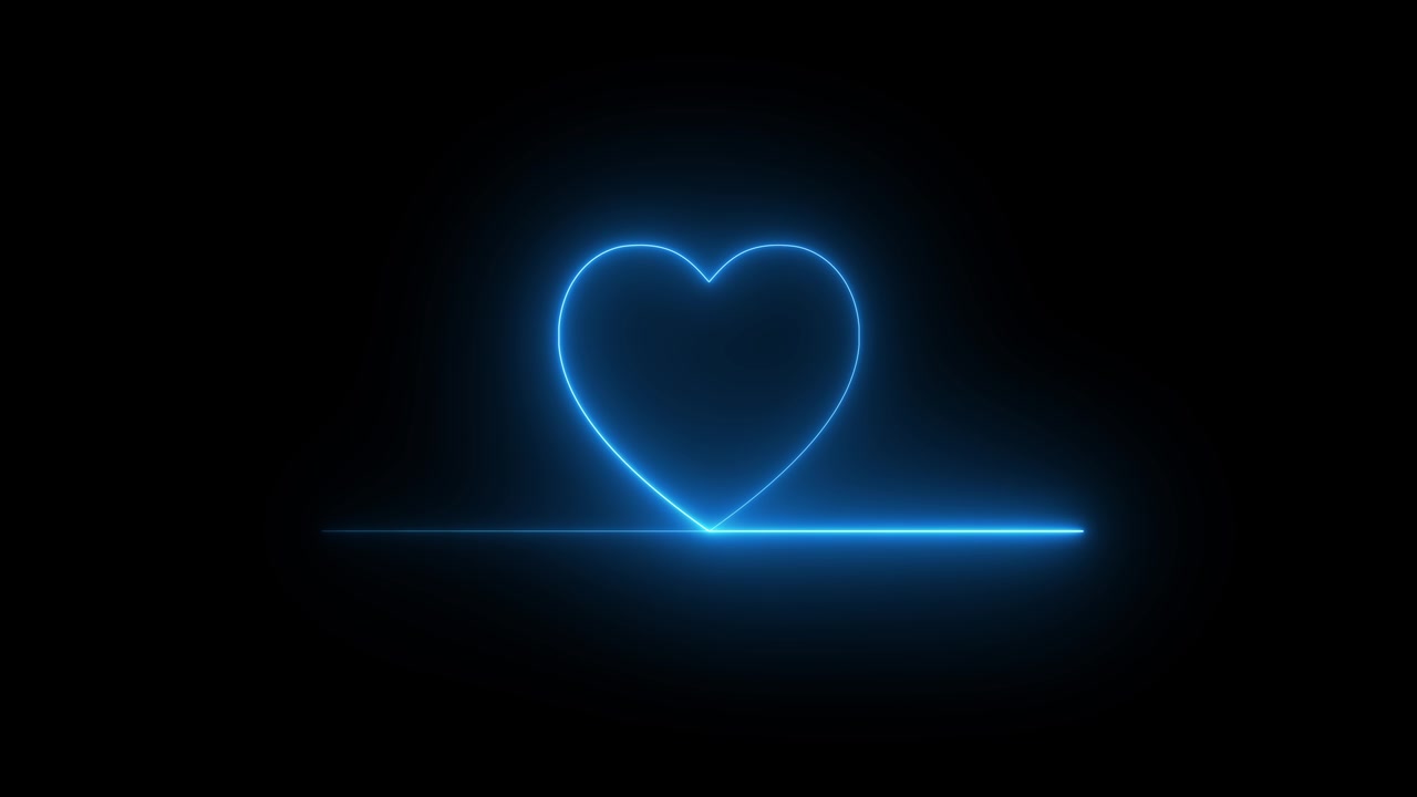 Linea astratta colorata a forma di cuore, simbolo neon fiammeggiante su sfondo nero. Linea neon del battito cardiaco con movimento luminoso