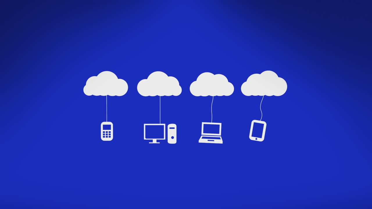 animación de nubes digitales con dispositivos electrónicos sobre un fondo azul
