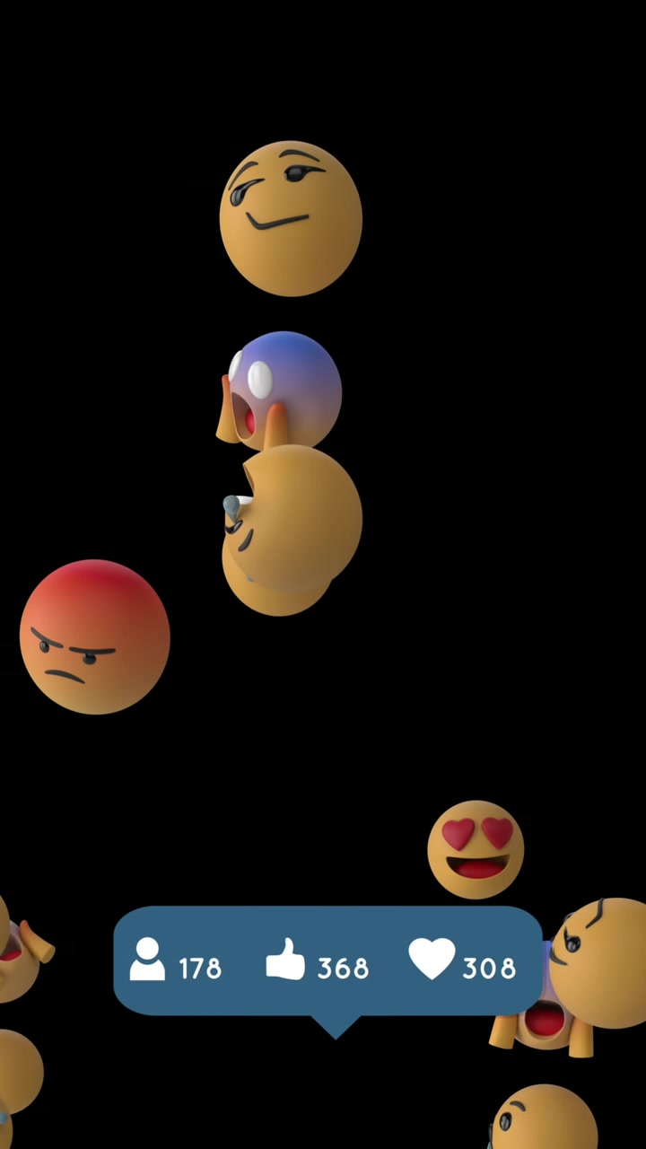 Social media icons with increasing numbers against multiple face emojis floating on black background