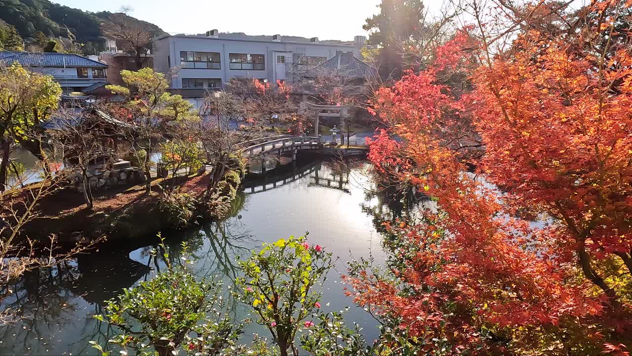 hermosa vista de otoño del estanque hojo en el templo eikando o zenrin-ji en kyoto, japón
