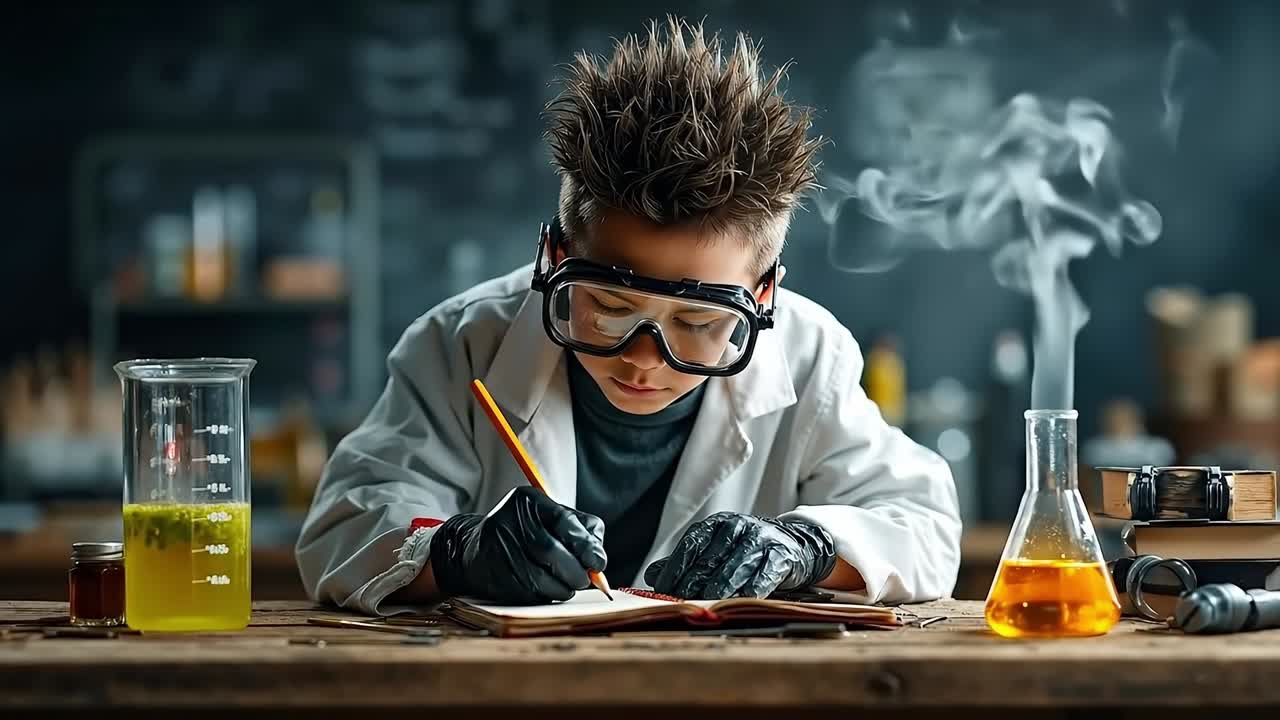 A young boy in a lab coat and goggles writing in a notebook