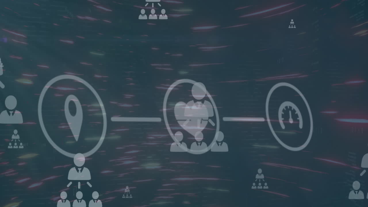 animación de diagramas de flujo e iconos de perfil sobre un patrón abstracto circular contra un fondo abstracto