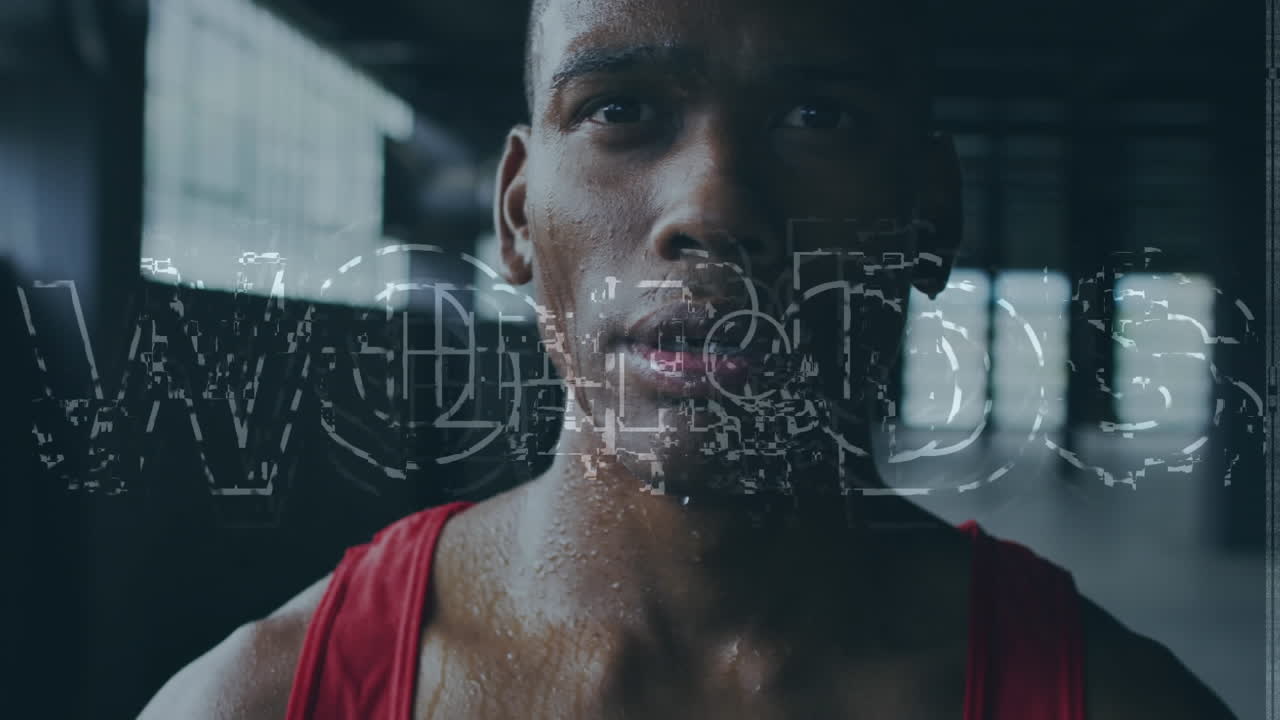 Animation of hello text over african american sportsman at gym
